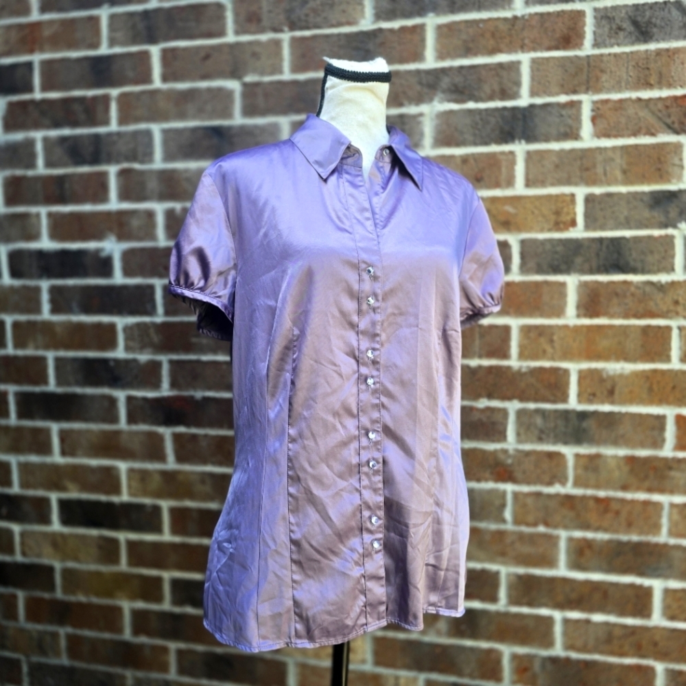 Ann Taylor Purple Short Sleeve Button Front Blouse Size 12 Work Office Top